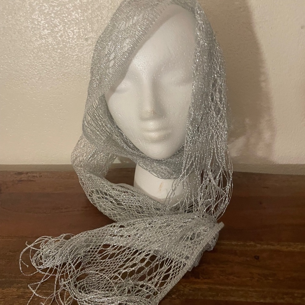 Silver Metallic Mesh Scarf Sheer Fringe Evening Wrap - Picture 2 of 6